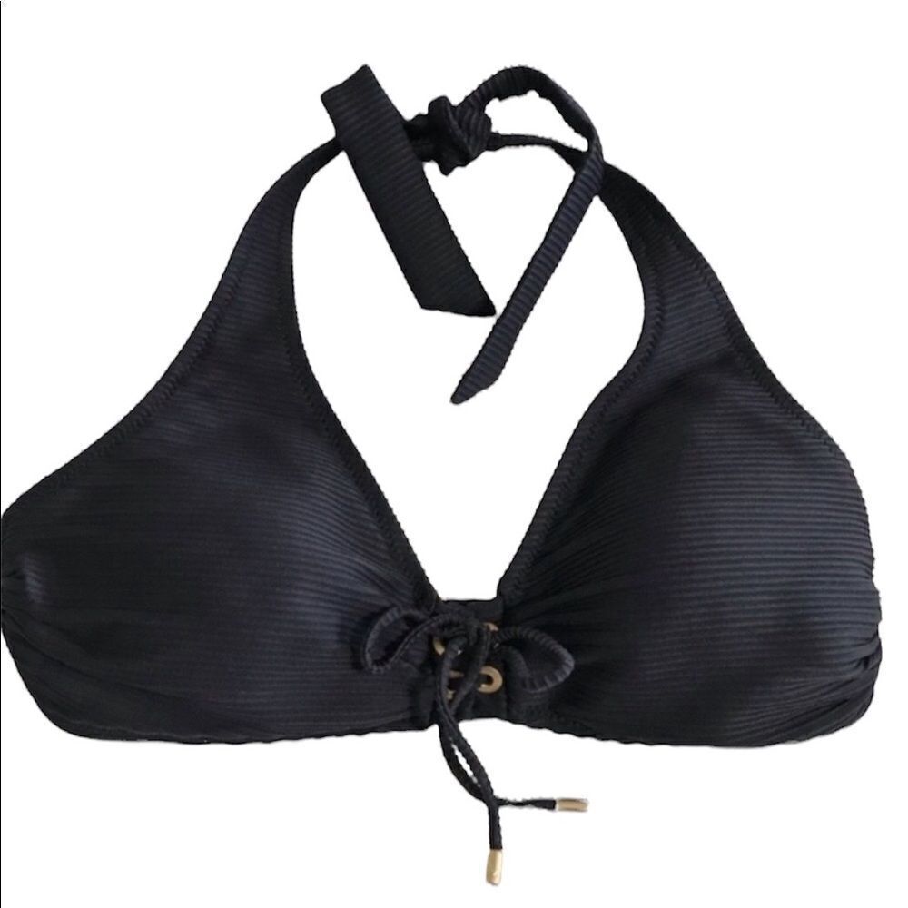 LANDS’ END Tie Back Ribbed Bikini Top, Black Sz 6 (34C/D-36C/D) NWOT